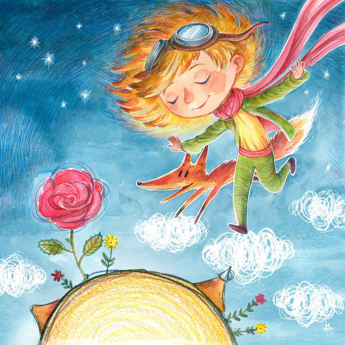 watercolor children The Little Prince Theatre play hand drawn planet FOX rose