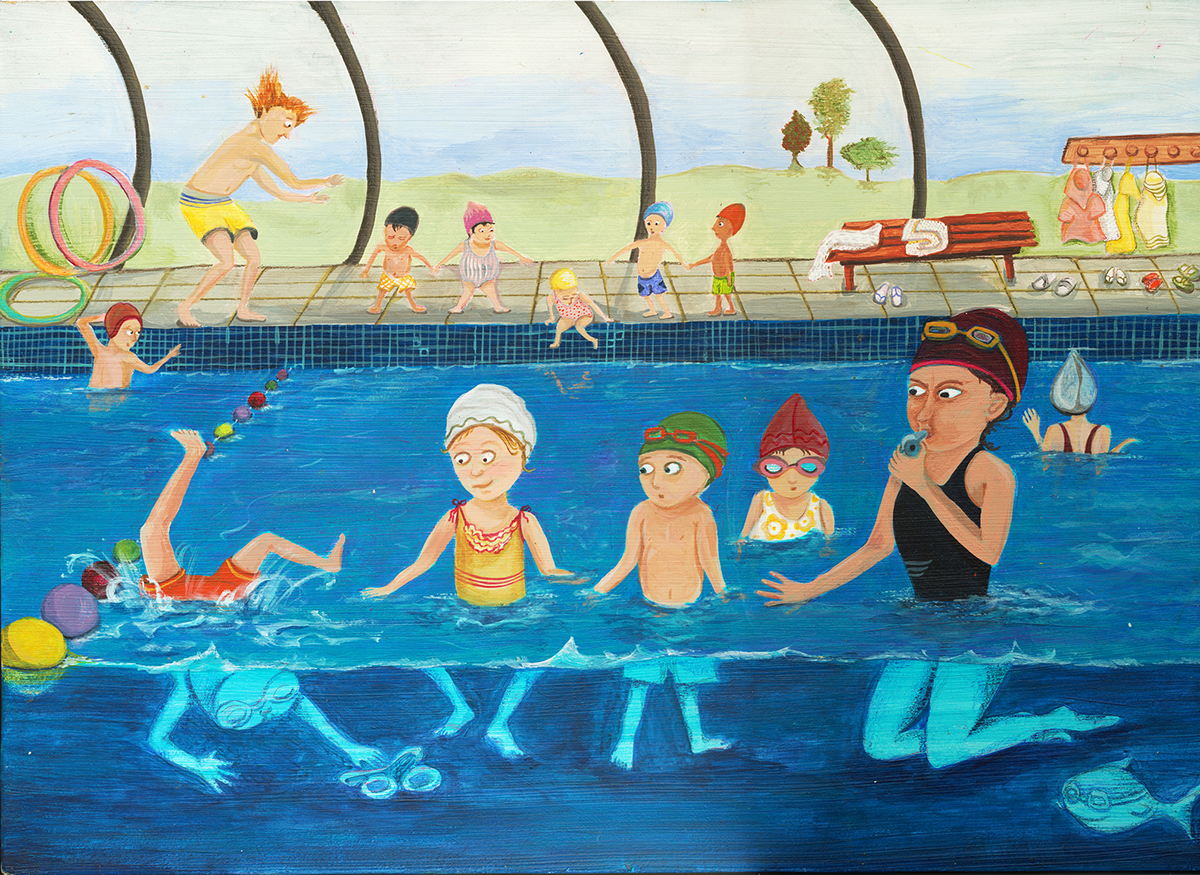 colonia de verano summer camp pileta swimming pool children illustration Acrylic paint