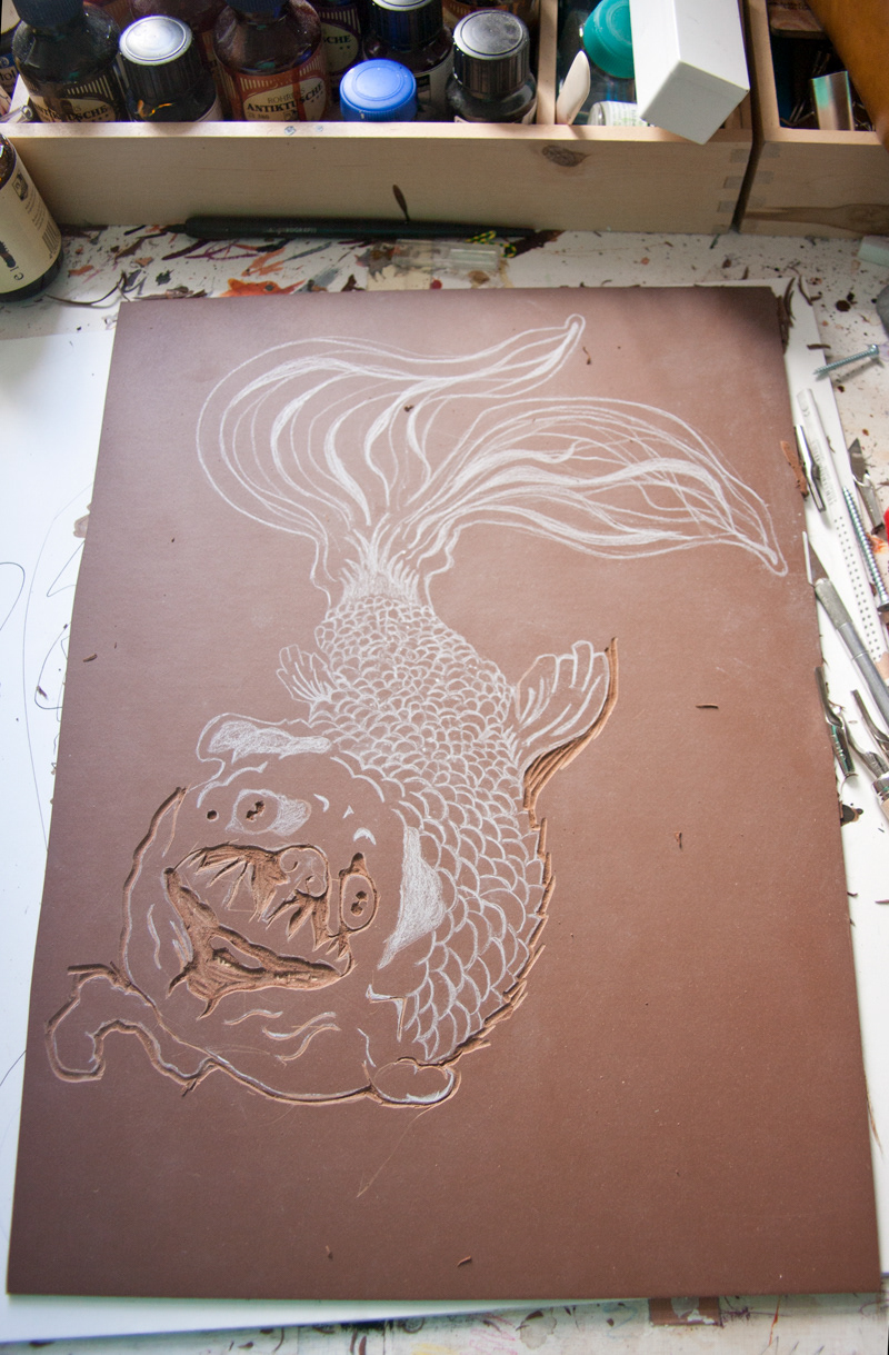 linocut Pug Drawing  goldfish print letterpress ink golden Printing linoleum koi gold wallpaper
