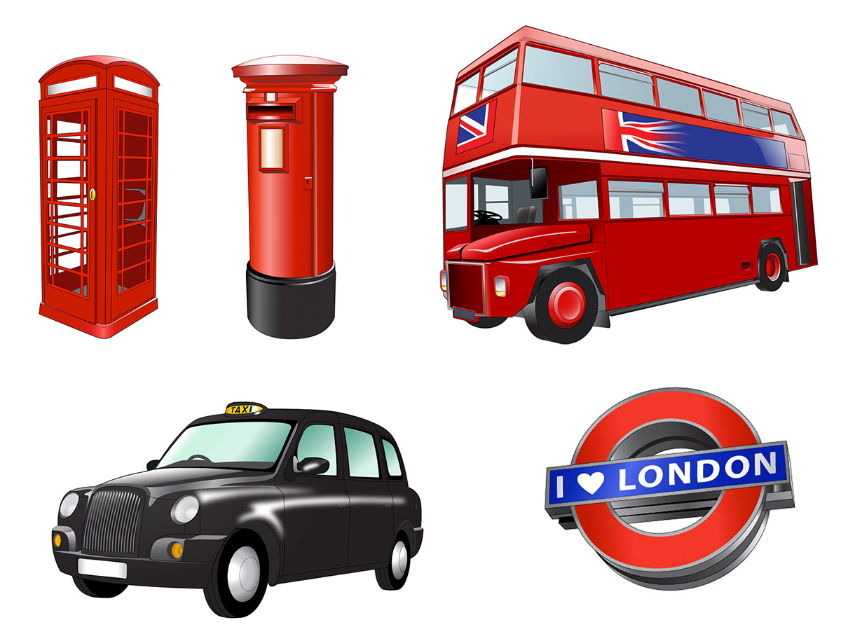 british icons  black cab  red bus  postbox  telephone box  underground  london  Great Britain  symbols  signs  hazard Warning  prohibition  danger