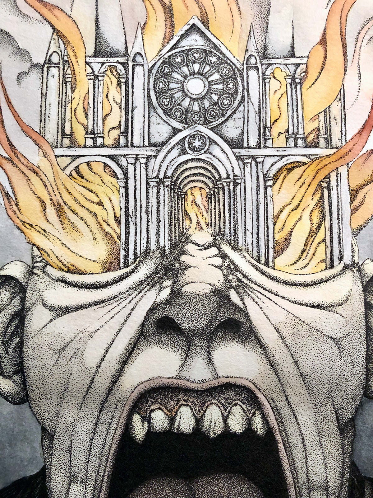 Blackmetal blasphemy cathedral Deathmetal dotwork Drawing  ink Pointillism watercolor