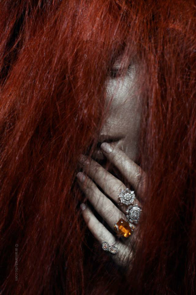 L'AZURDE red hair Jewellery flying hair diamonds Female Model Moody rings neckalces motion blur marble skin dubai beauty photographer