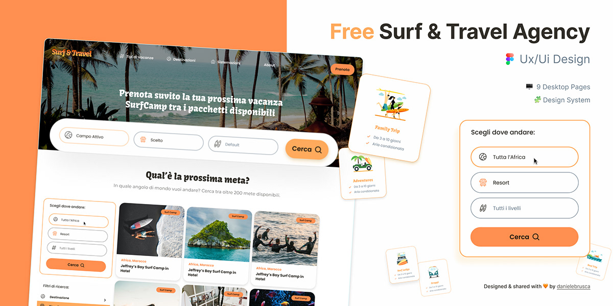 components design system Figma Free Template Surf Travel Travel Agency Website ui design UI/UX Web Design 