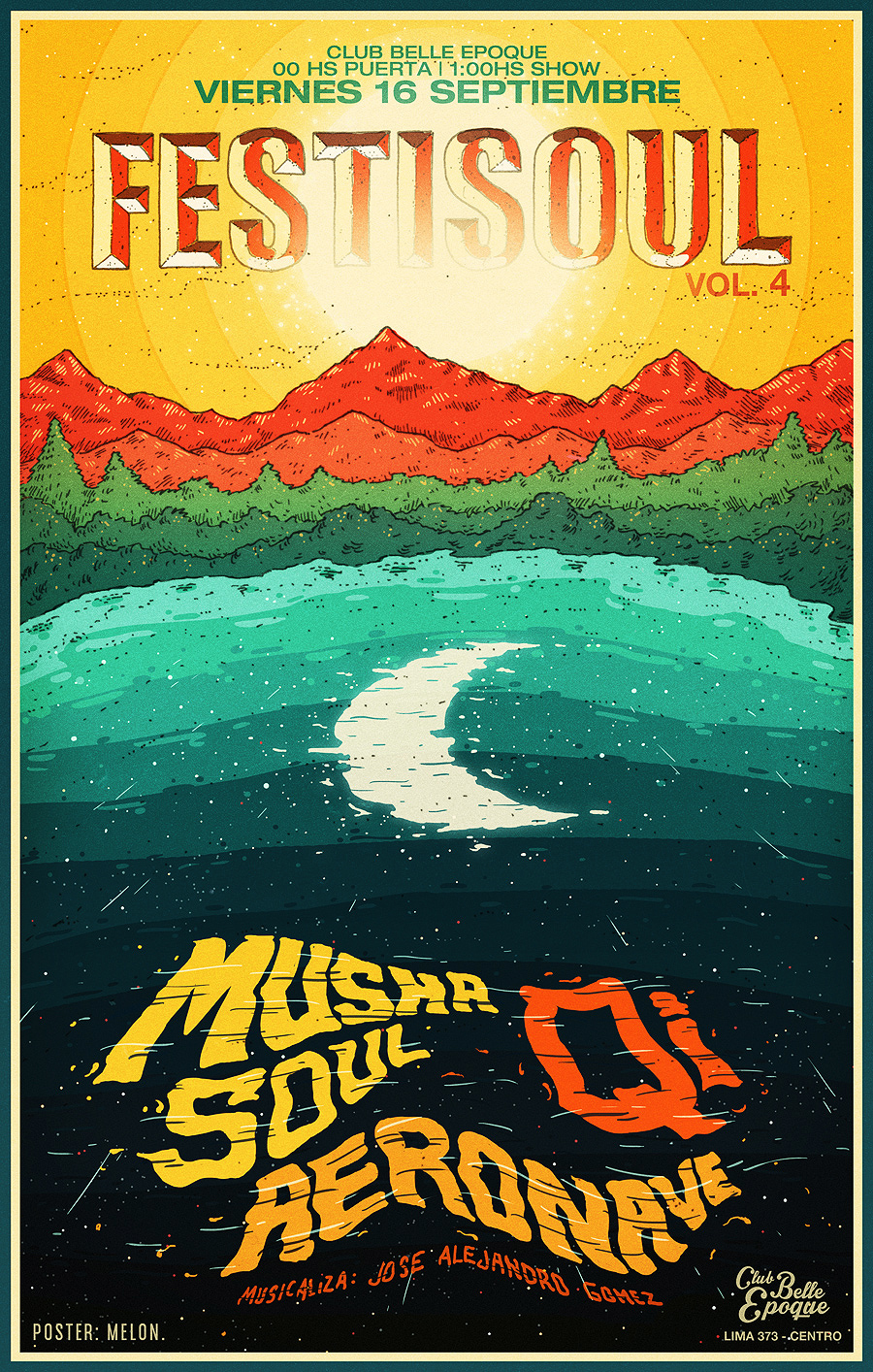 GigPoster bandposter musicposter poster festisoul qi Musha Soul Club Belle Epoque cordoba aeronave
