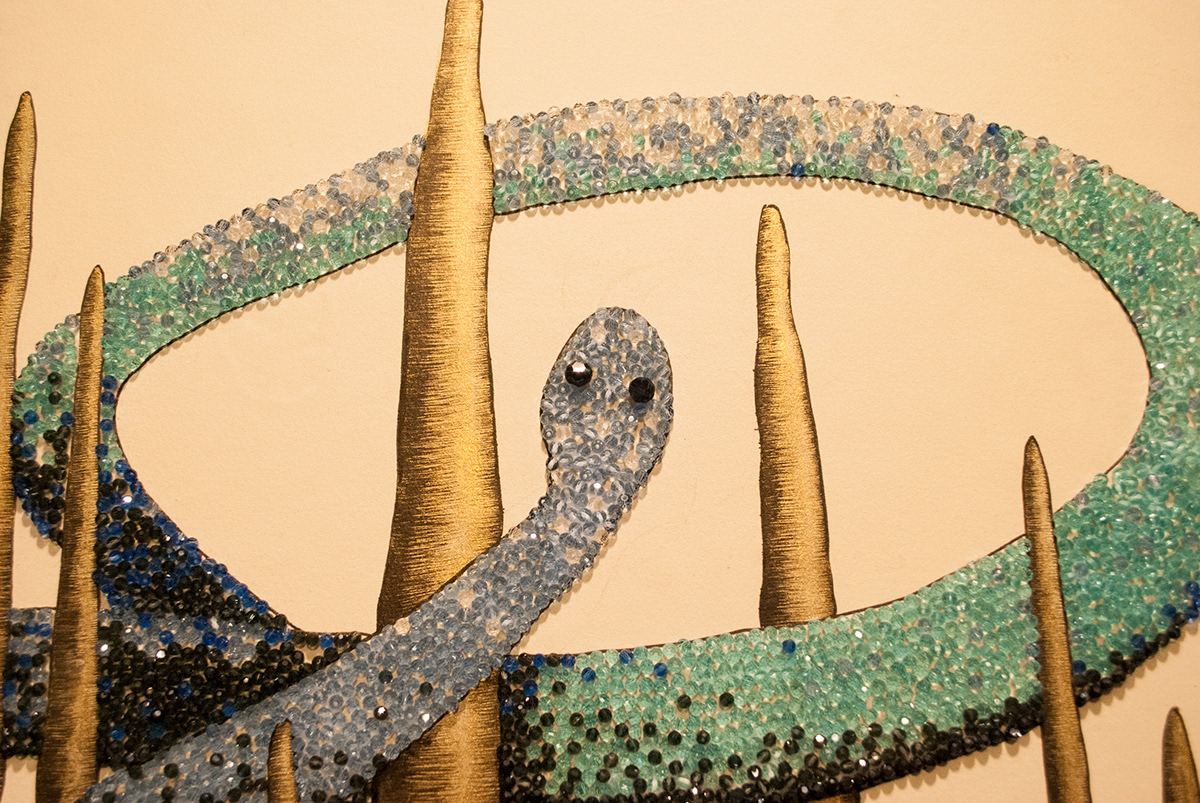 mixed media snake surreal art swarovski crystals Embroidery gold low relief folk art