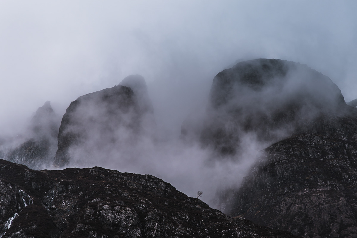 scotland clouds fog mountain rocks mysterious Moody storr Isle of skye dark