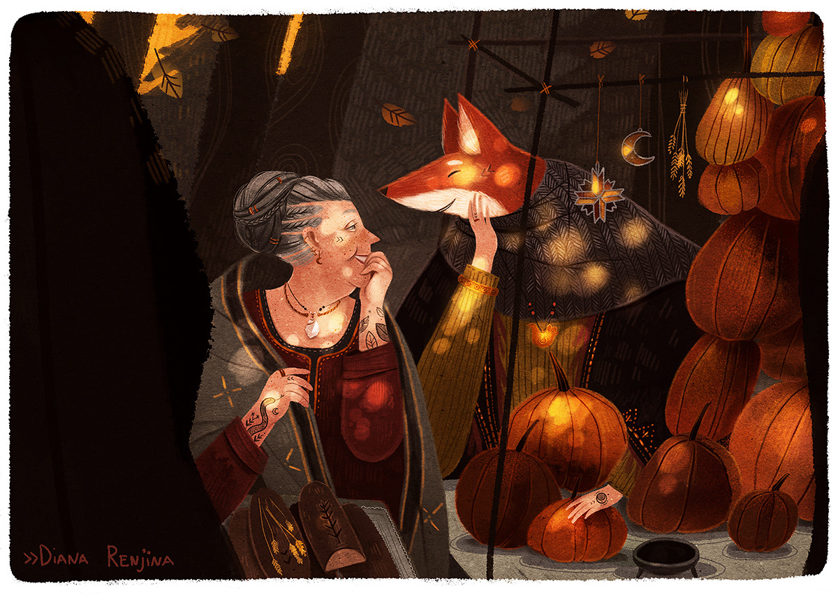autumn autumn Equinox Picture book FOX old lady pagan tattoo Fall pumpkins book illustration