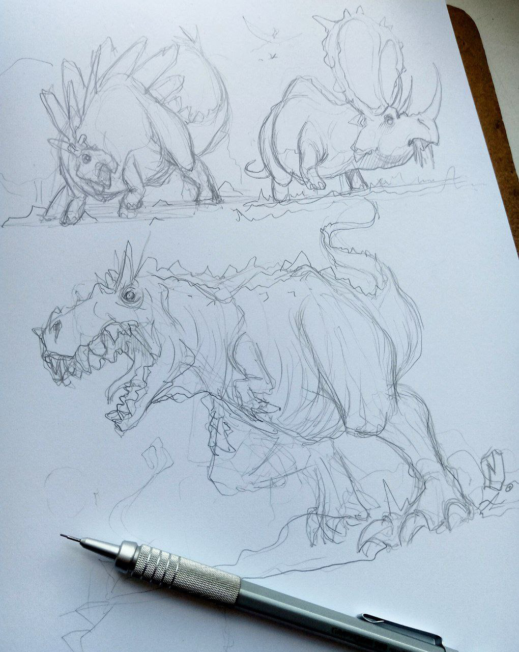 Dinosaur Drawing  ink monster nitrouzzz sketch spinosaurus stegosaurus t-rex