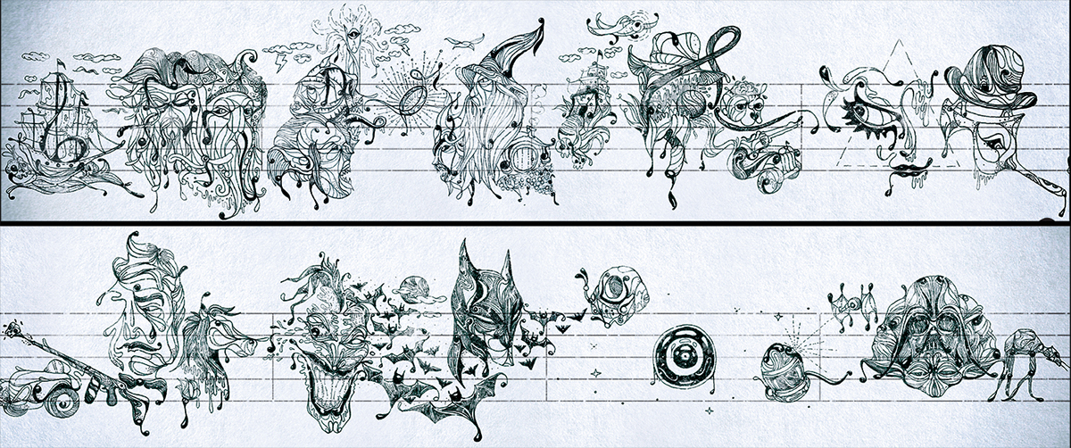 handmade ink characters digital print notes orchestra heroes batman godfather