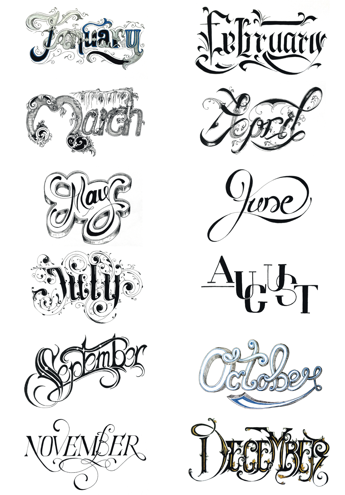 hand-drawn lettering calligraphical Style Custom calendar months inspiration ornamental