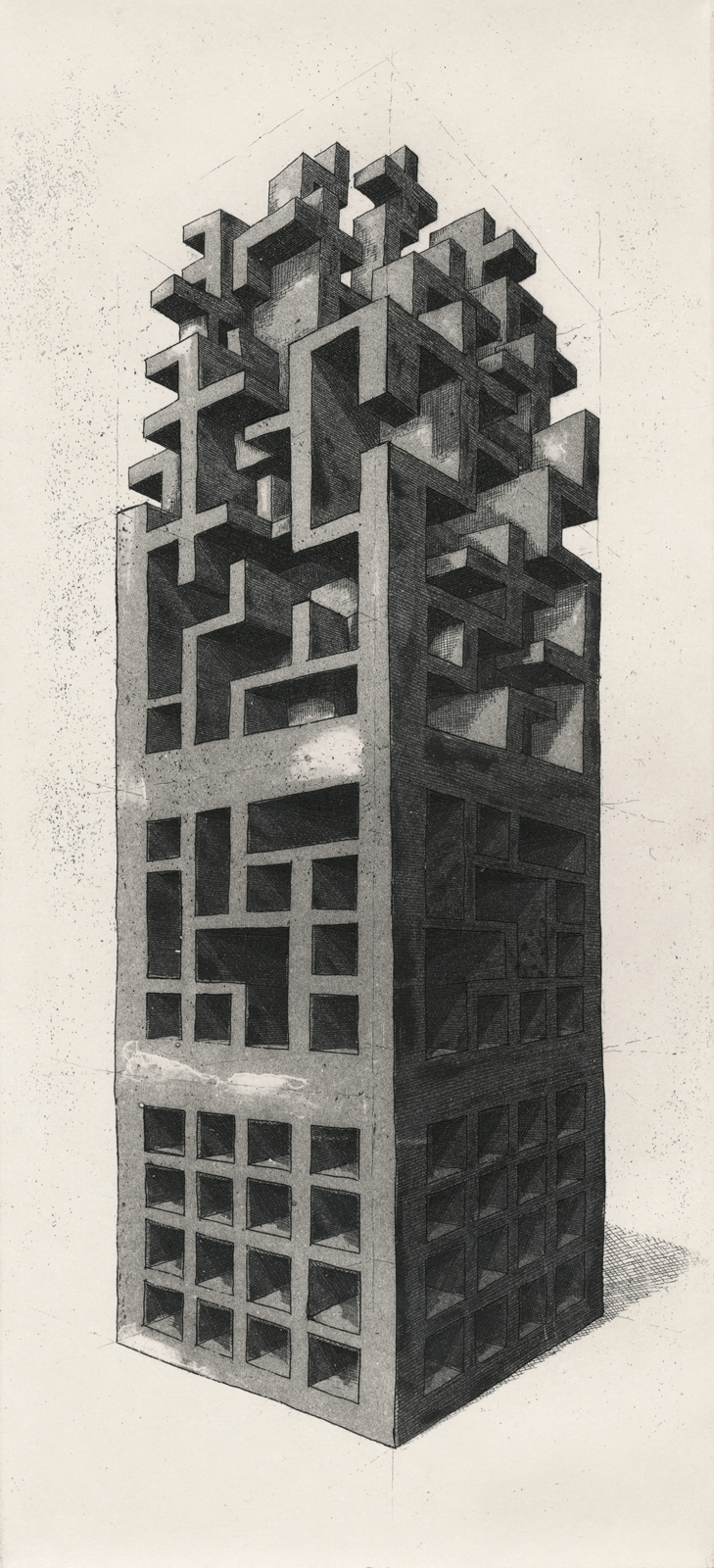 housing estate tower block geometry of living printmaking impossible figure illusion rubik's cube cage labirynth sketch etching aquatint council estate Impossible object