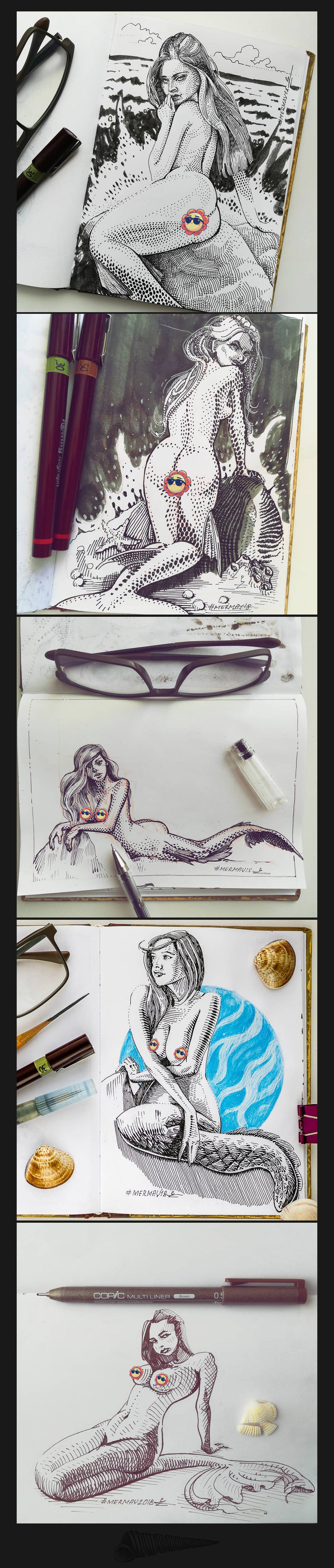ink ILLUSTRATION  Character design  concept art woodcut gravure graphic mermaid sketchbook engraving
