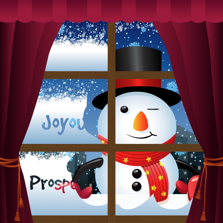 company Holiday card snowman winter snow snowflakes Window greeting
