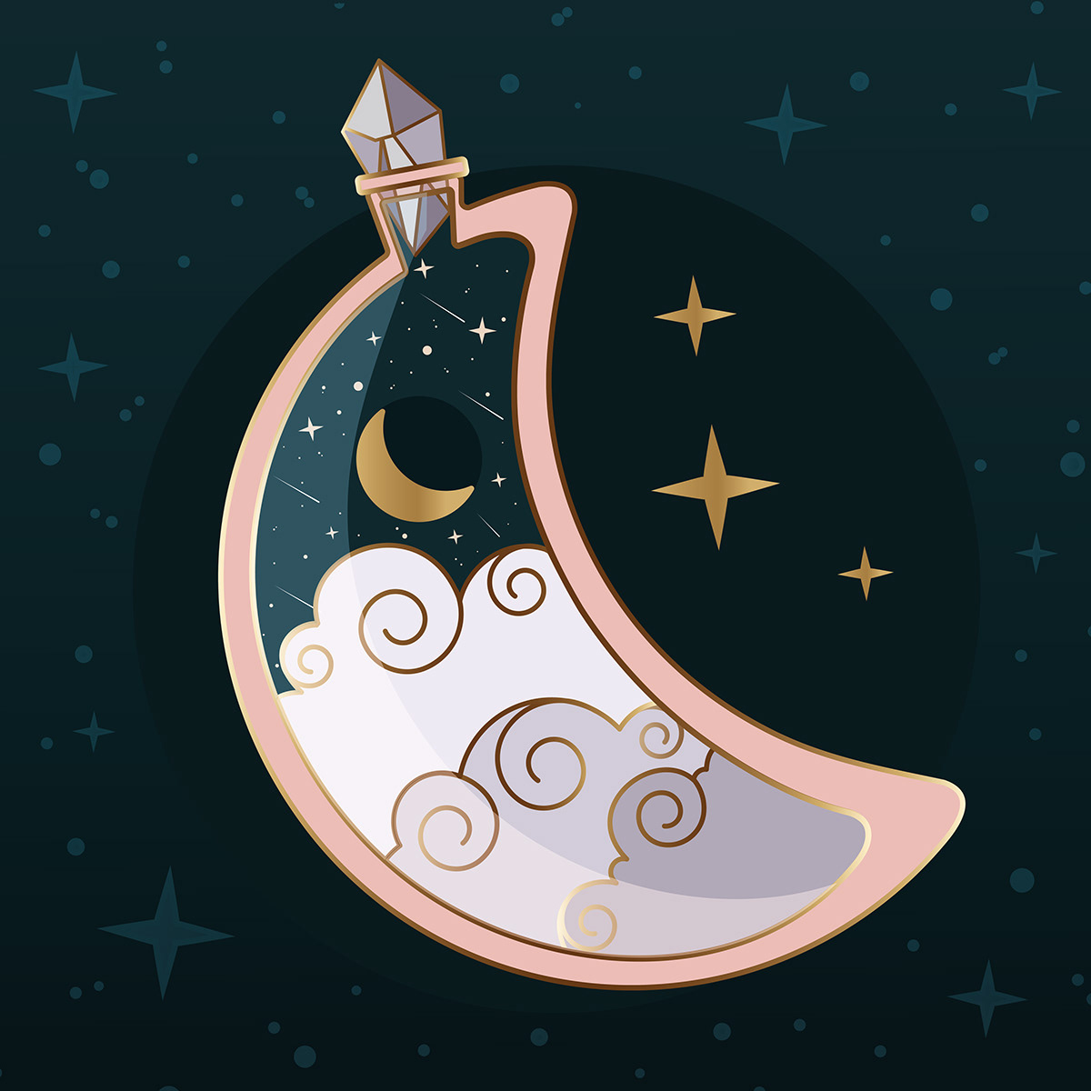 Crescent moon shaped potion bottle capped with a crystal. Containing the night sky, clouds moon