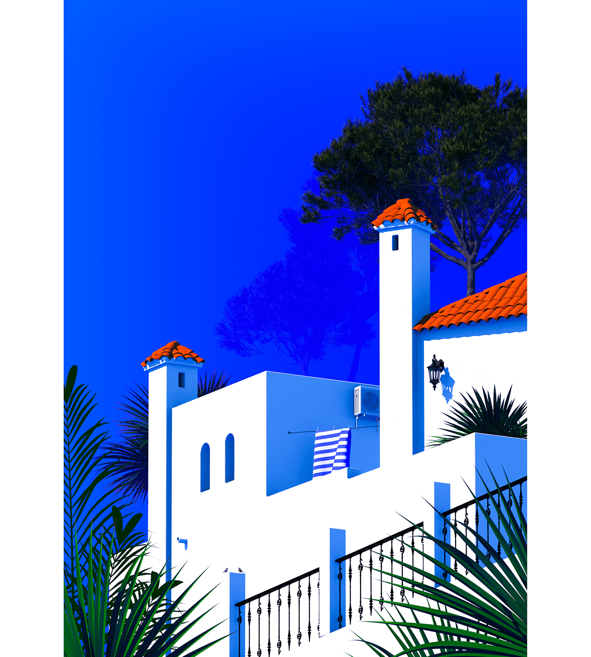 3D illustration architecture Europe Holiday mediterranean screenprint shadow spain Villa vintage poster