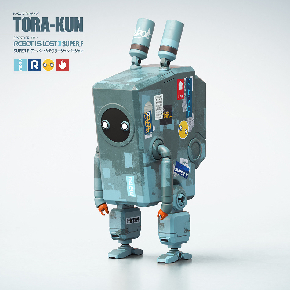 SUPER_F Tora Kun Art Toy robot variant by Malcolm Tween urban camo mecha with stickers