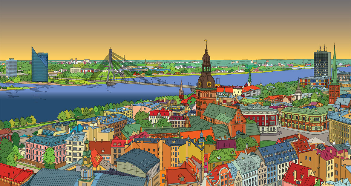 Riga Latvia vector panorama cityscape Drawing  magazine lineart spread art