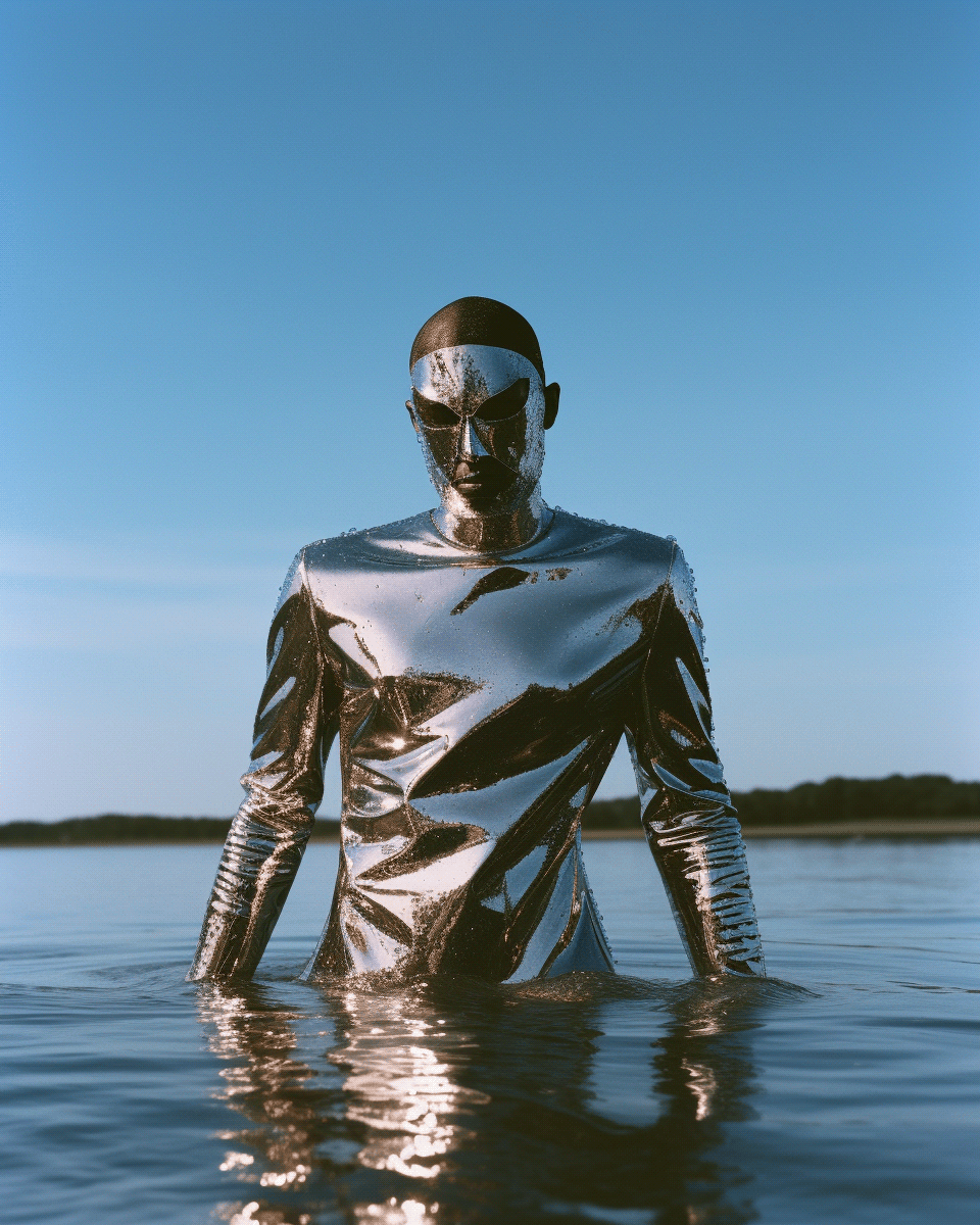 water Liquid portrait futuristic Cyberpunk Scifi sci-fi alien chrome outfit