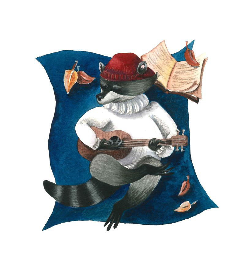 ILLUSTRATION  watercolor raccoon Kusto guitar autumn winter