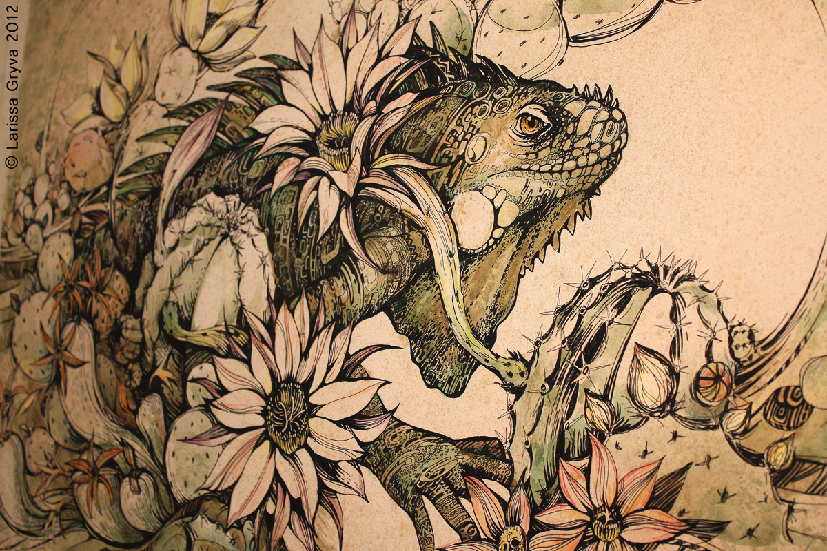 iguana ink watercolor lines Flowers colored paper cactus graphic decorative handwork drops reptile dragon Retro