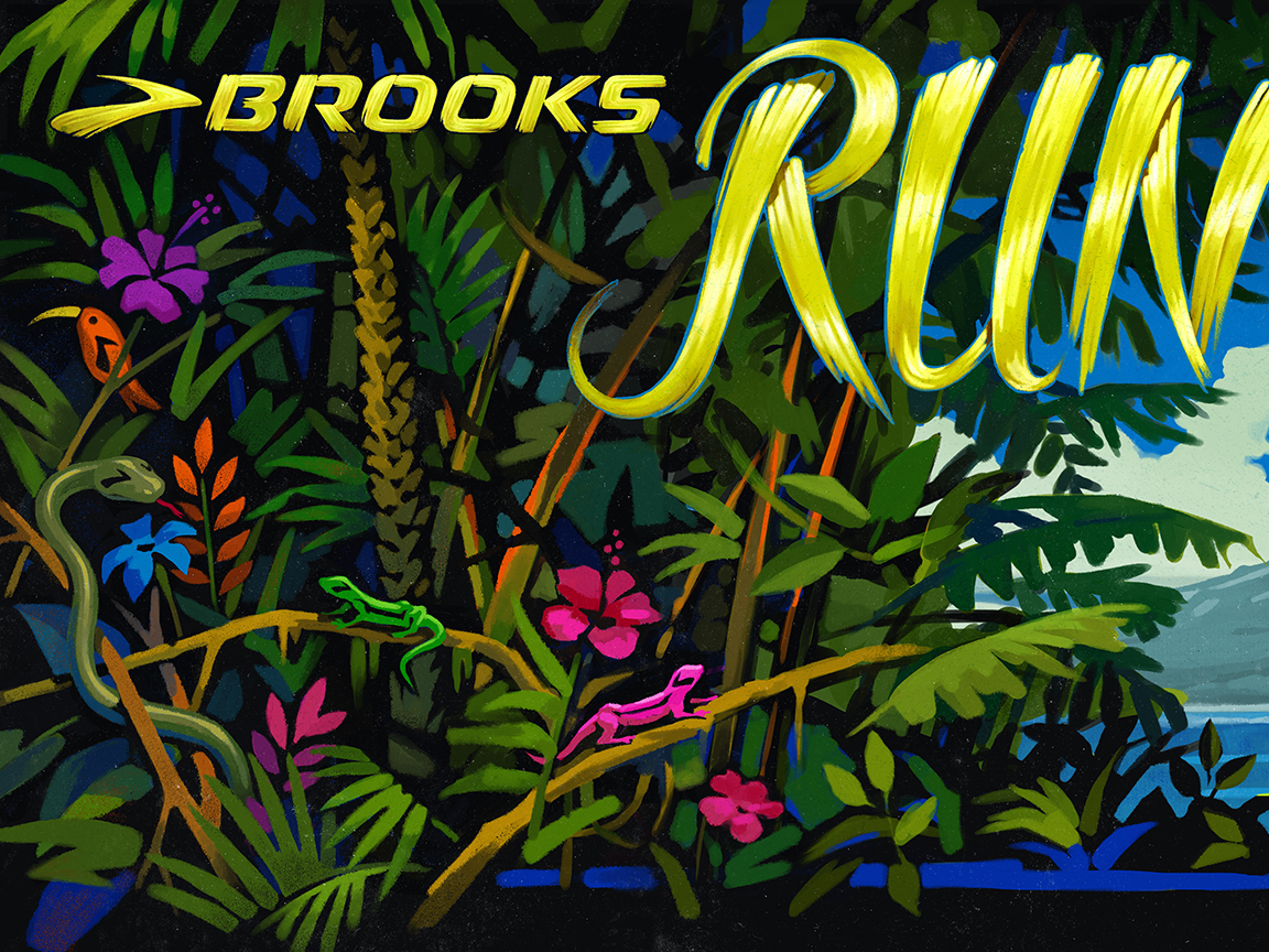 Brooks Running run happy island running hawiian landscape vintage type truck trailer art island mural vintage jungle art