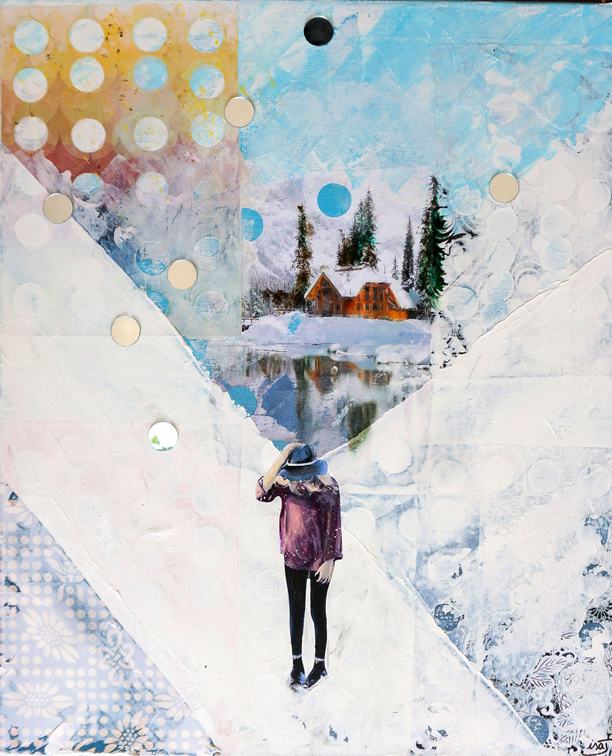 mountain mixed media collage Landscape Nature White geometry loneliness woman mirrors