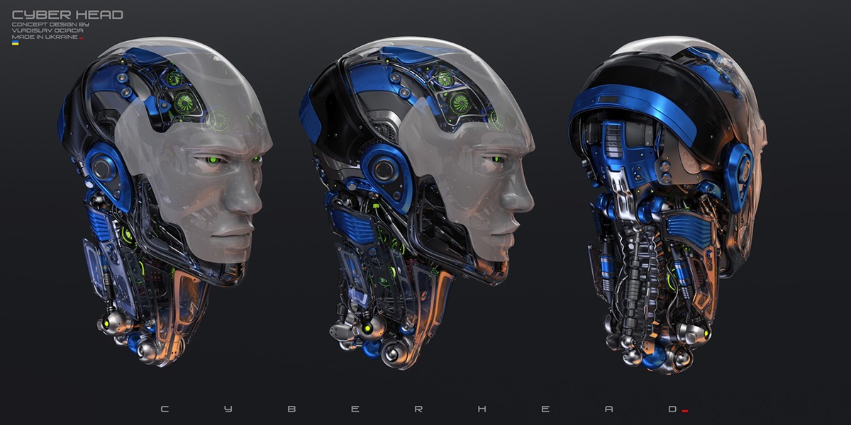 robot head futuristic Cyborg face cyber mecha metal blue structure robotic man profile concept mask