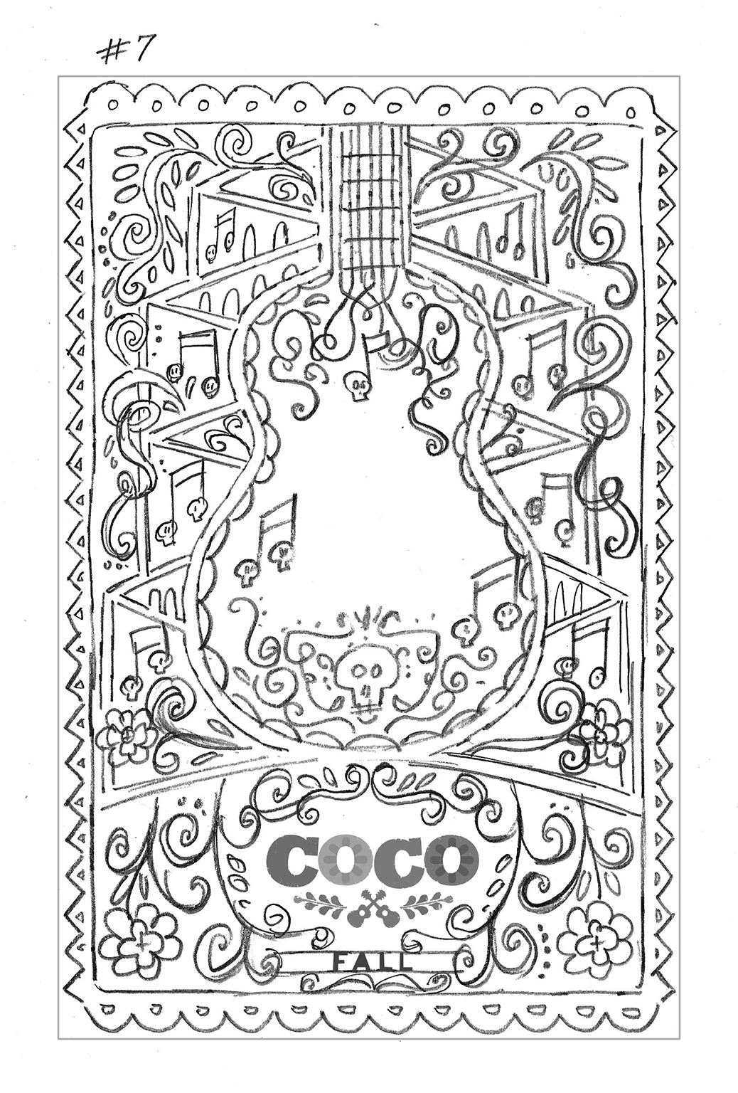 Coco papel picado illustrated Silhouette graphic folk art Mexican ornate guitar skull