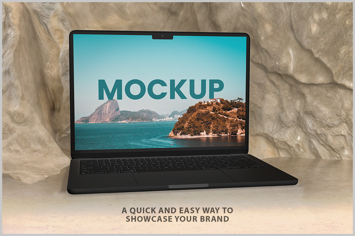 Laptop rock Mockup Technology digital device portable workspace Against leaning