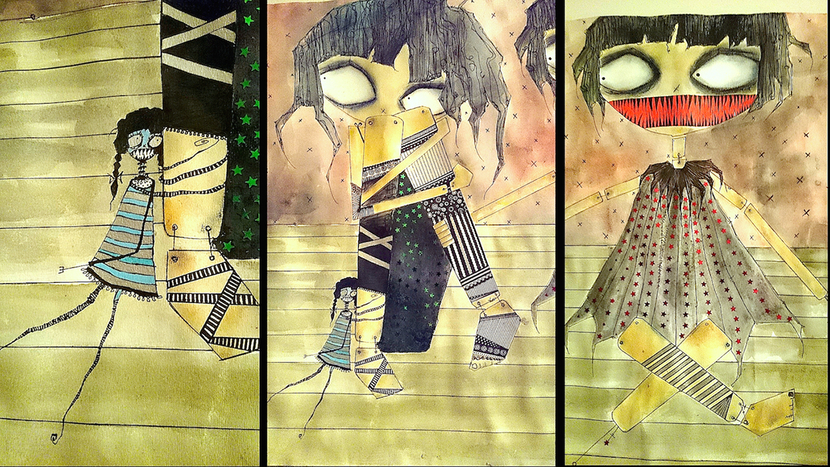watercolour pencils gloomy Stripped stars tooth Sharp Patterns madness strokes Inc eyes dolls puppet wooden