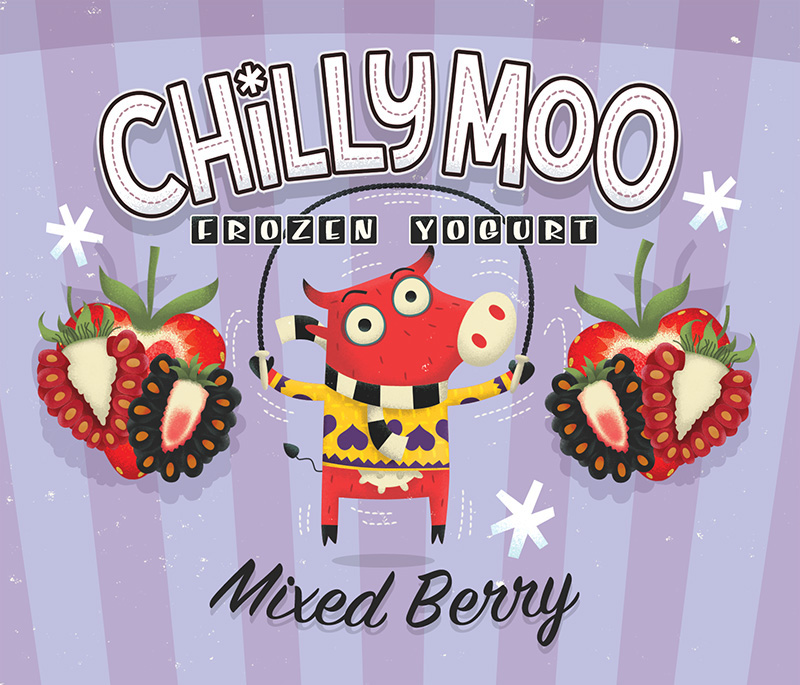illustrated pots yogurt chilly moo cows frozen Retro HAND LETTERING sketches Fruit strawberrry berries banana illustratorsireland