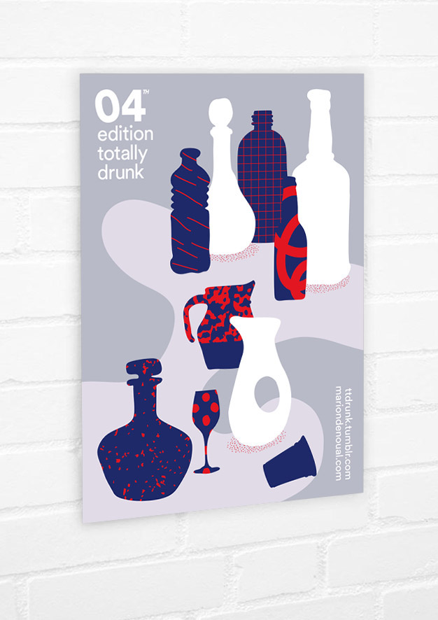 totally drunk poster graphic design Memphis pattern colors blue red grey girly bottles