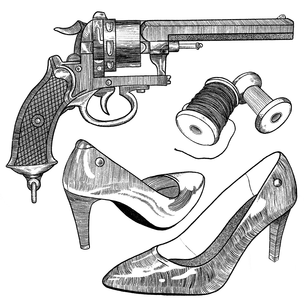 Cold War engraving gentelman Gun Lady Procreate Retro Revolver spy tattoo