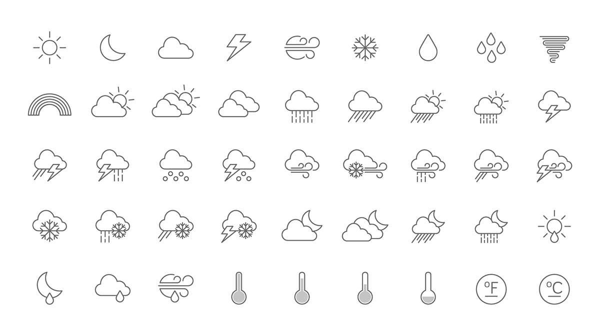 Weather Icons íconos del tiempo Sun clouds storm snow wind Sol nubes tormenta nieve viento
