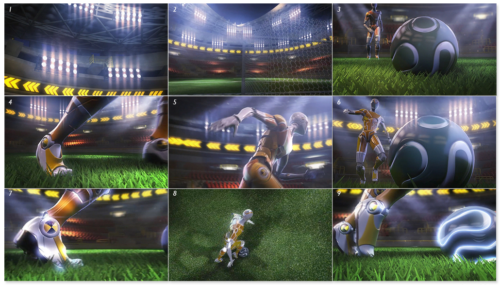 3D graphics tv program soccer football intro TV Graphics robot stadium grass shot mechanical effects sports