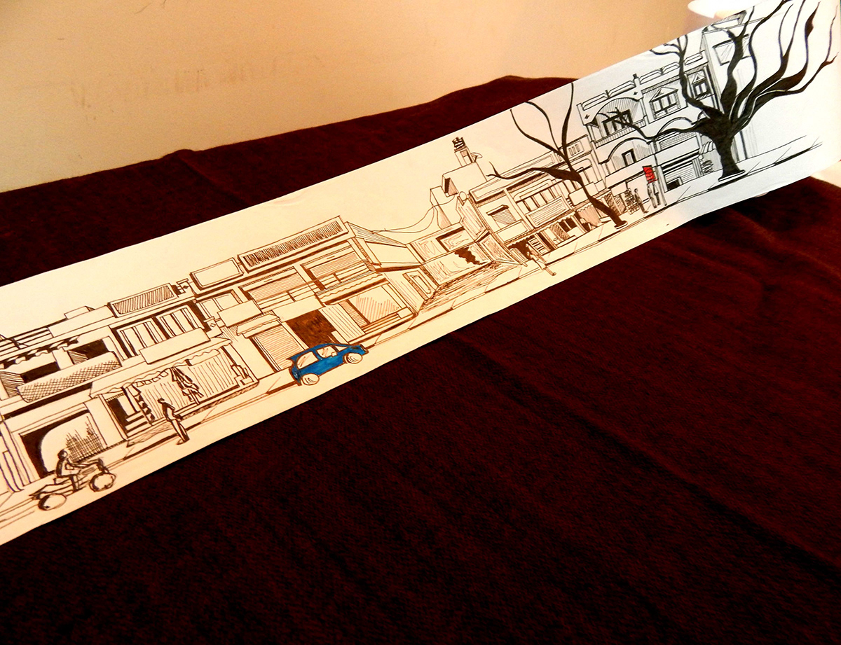 panorama street perspective pen and ink