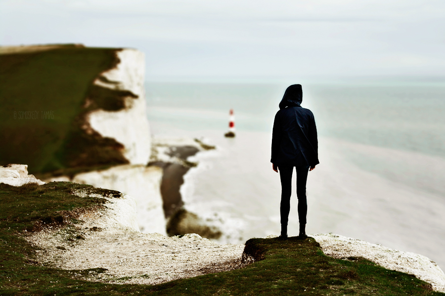 Landscape cliff people girl boy minimal lost Tilt-shift Ocean shore portrait Nature Minimalism United Kingdom lighthouse