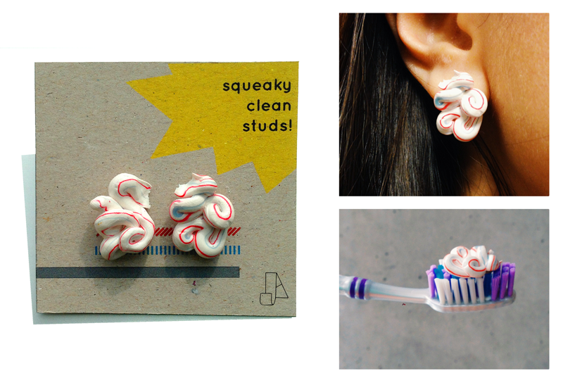 Jenny Acosta MICA toothpaste earrings jewelry sculpey handmade accessories craft design clean toothbrush Wearable