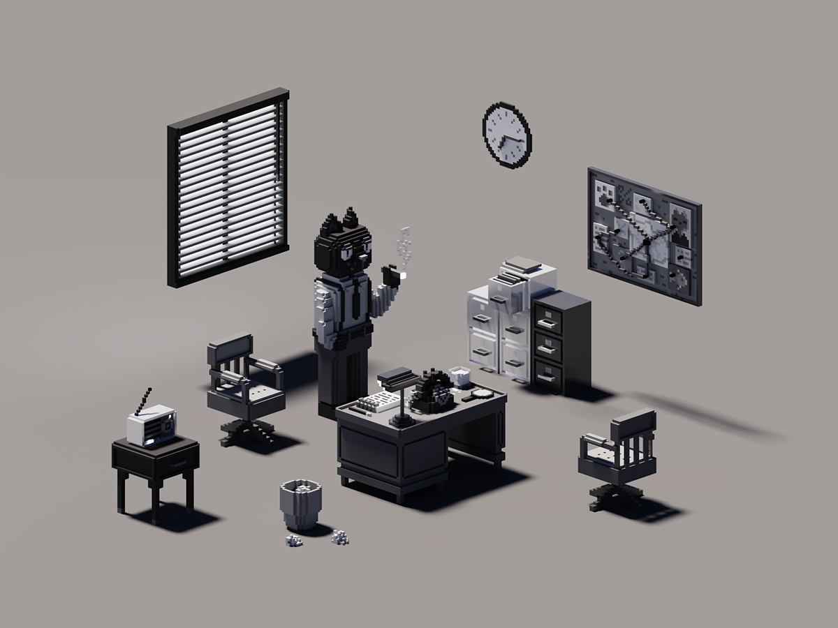 cat detectice detective detective office Magicavoxel noir One-Room voxel voxel cat voxel character voxel room