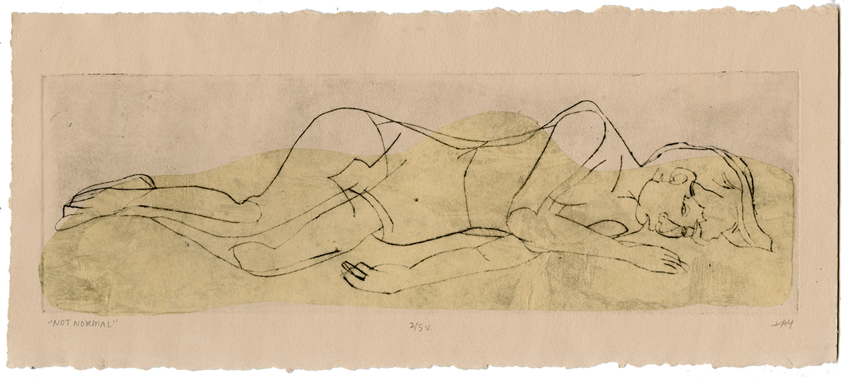 intaglio printmaking aquatint Chine-collé chincolle lying sleeping Dreaming dreams sleep