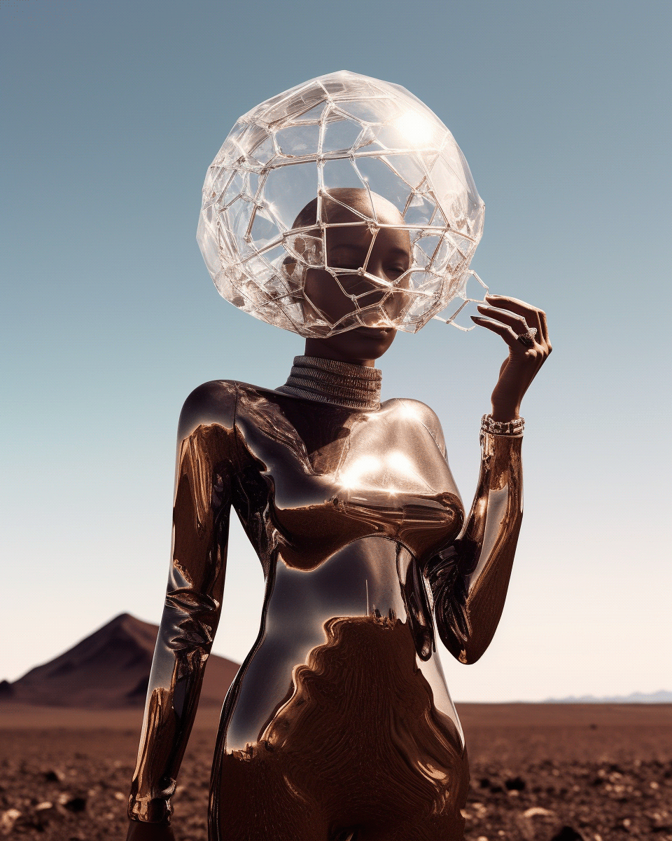 portrait futuristic Scifi sci-fi science fiction desert crystal glass photoshoot beauty