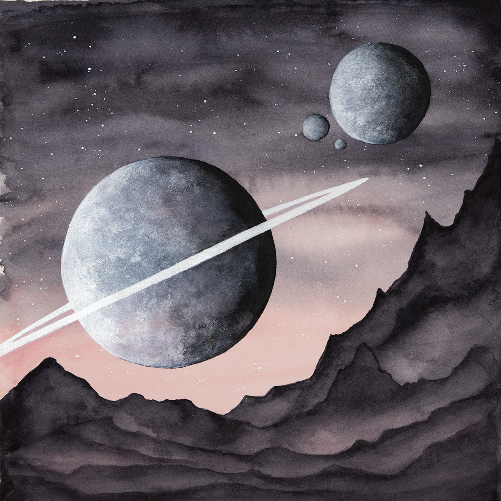 alternate universe Landscape metallic moon Planets sci-fi universe watercolor wet on wet pale pink