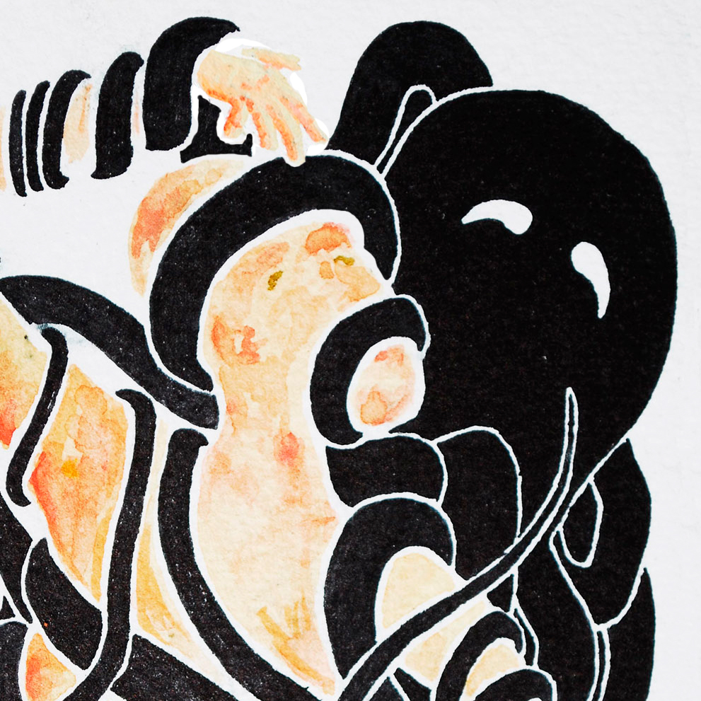 watercolor ink hand handmade fight octopus black yellow