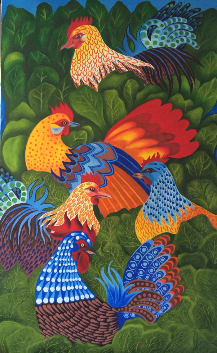colorful chickens and rooster