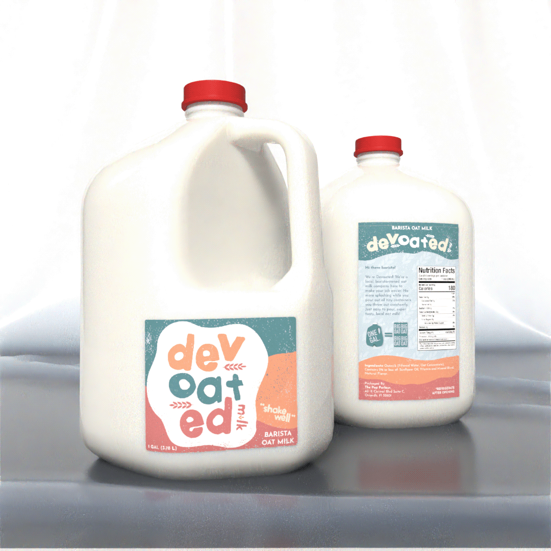 Rendering of label designs on a gallon jug of oat milk