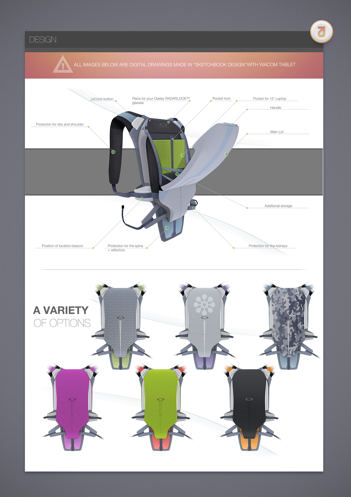 backpack oakley sketches futuristic photoshop Illustrator Render Cycling Bike riding safety D&AD award award winning