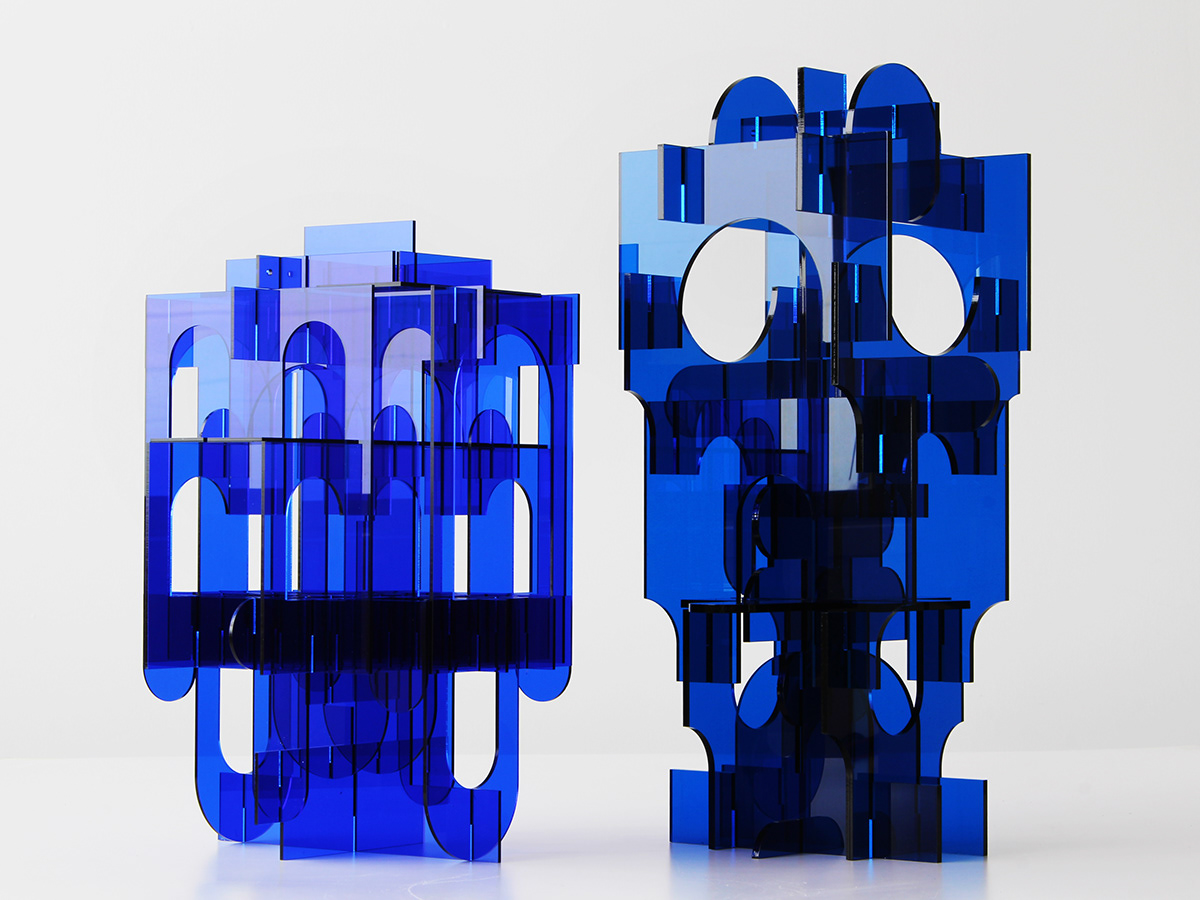 acrylic architectural blue glass plexi plixiglas sculpture tower transparent