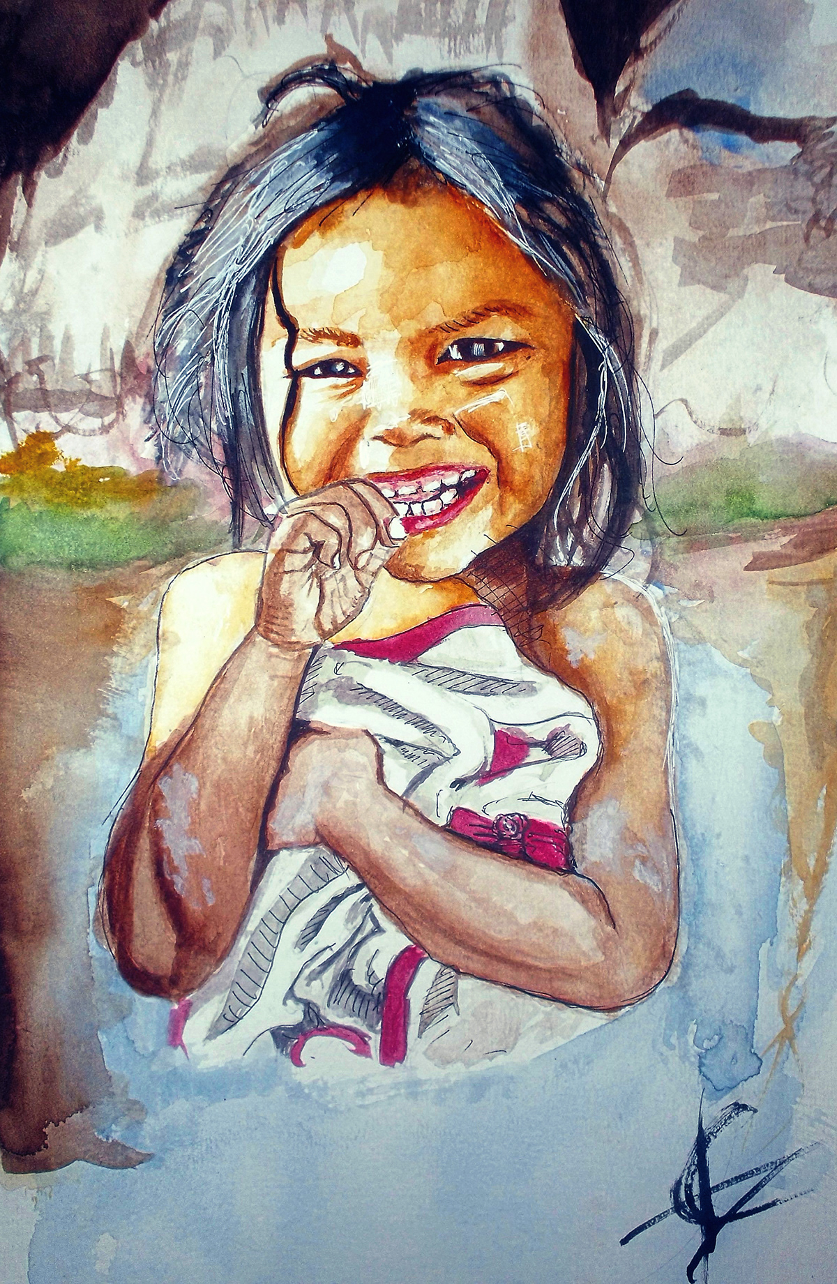 girl child smile cute watercolor