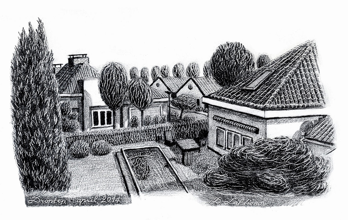 pencil Pencil drawing village houses trees view