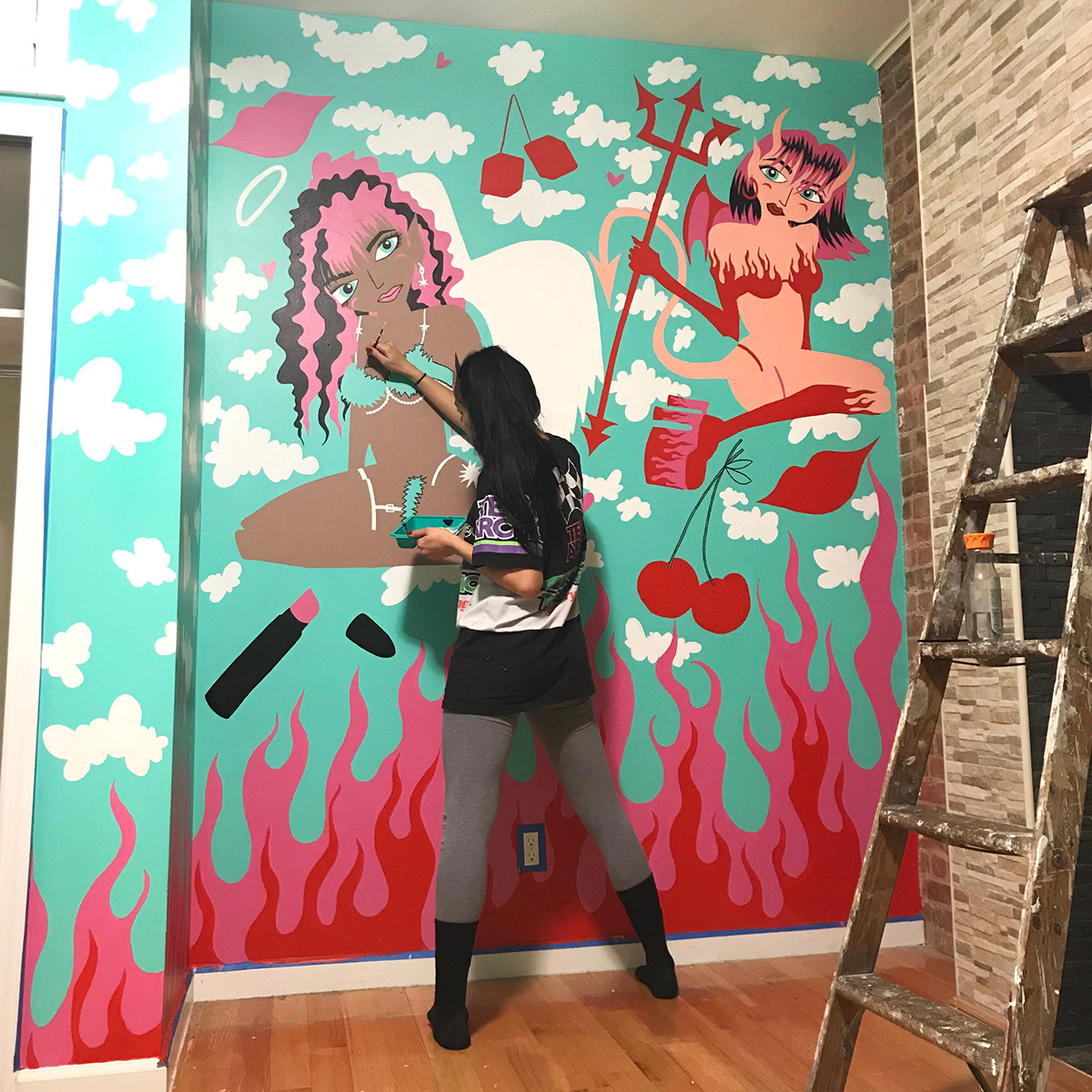 Mural Murals airbnb Interior fire angel heaven surface design paint girly